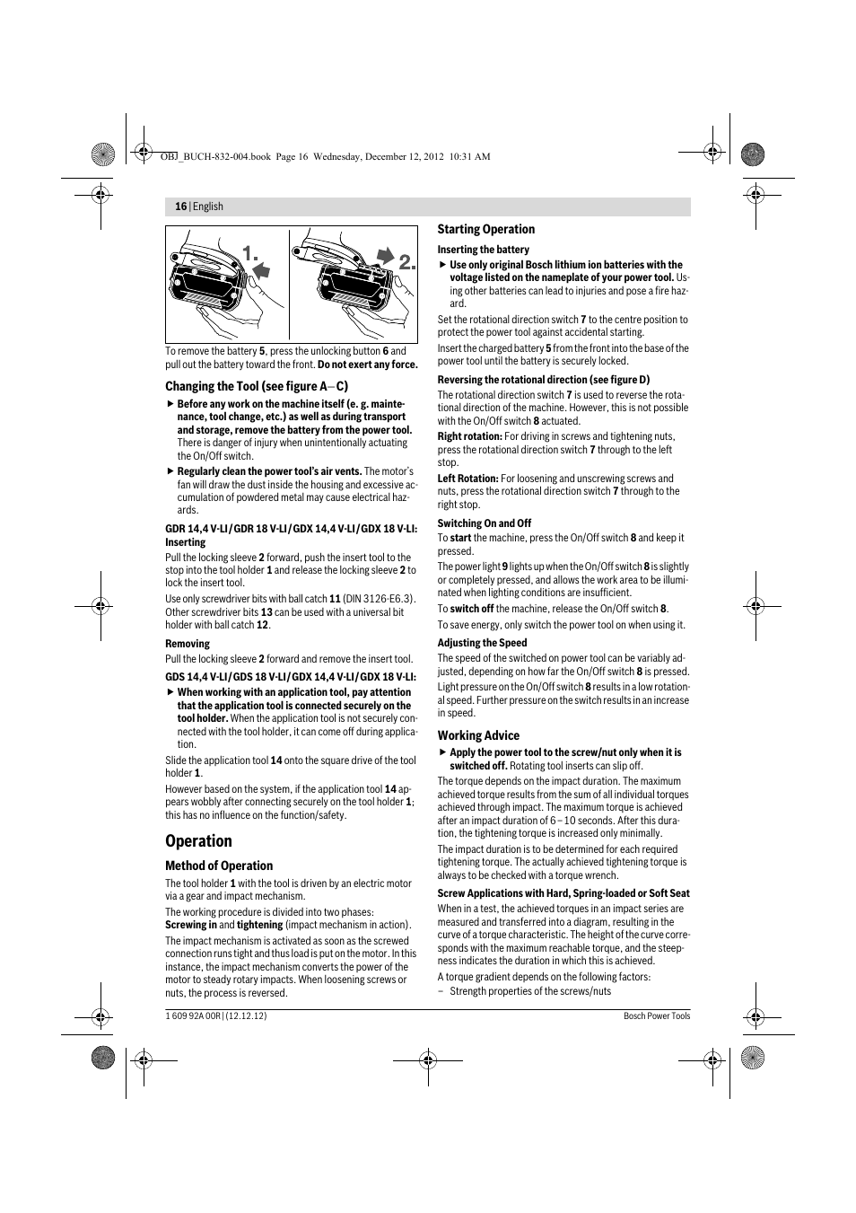 Operation | Bosch GDR 18 V-LI Professional User Manual | Page 16 / 194