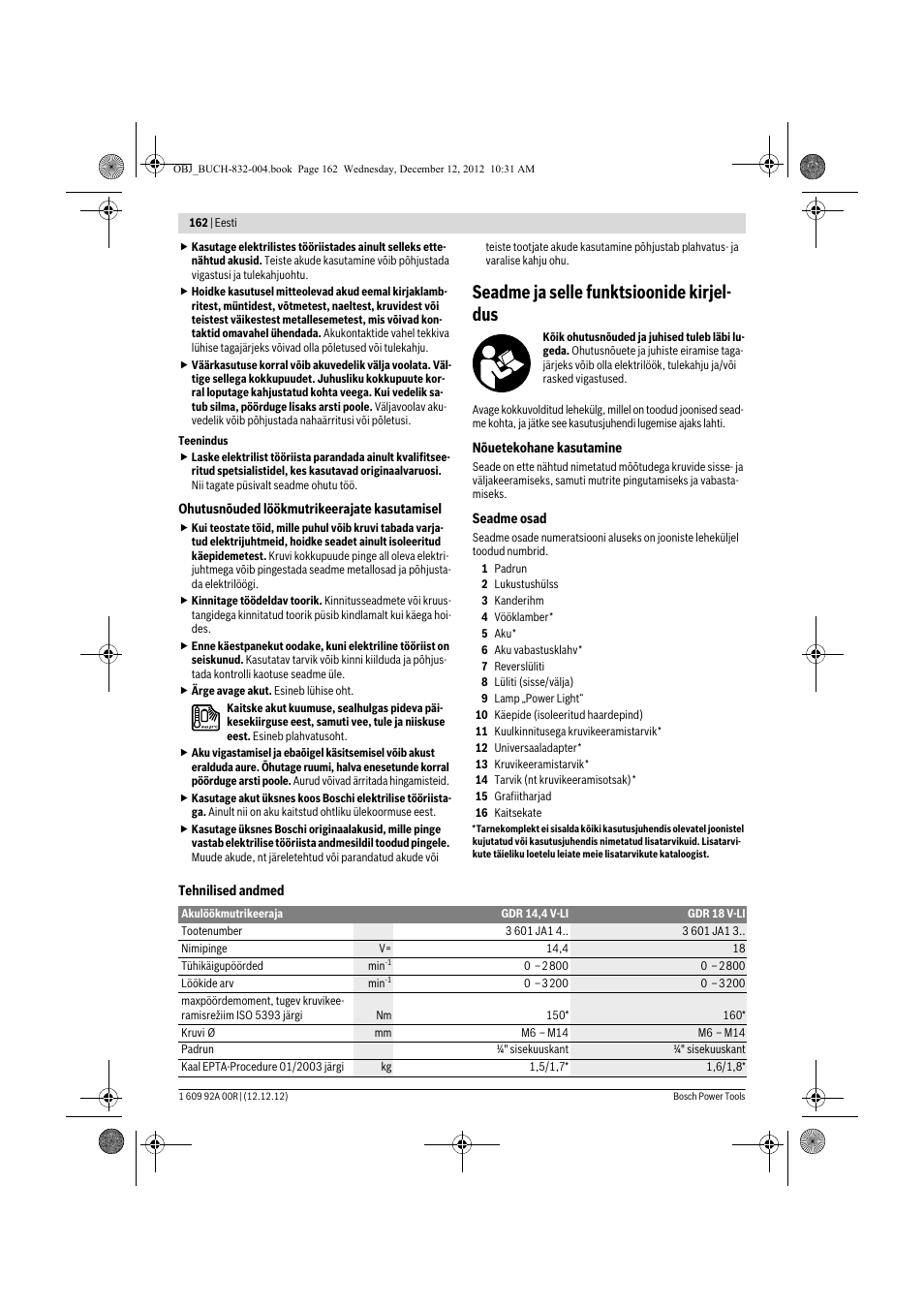 Seadme ja selle funktsioonide kirjel- dus | Bosch GDR 18 V-LI Professional User Manual | Page 162 / 194