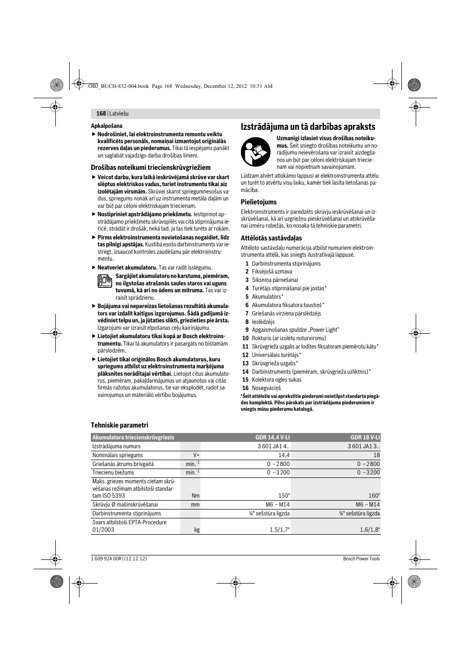 Izstrādājuma un tā darbības apraksts | Bosch GDR 18 V-LI Professional User Manual | Page 168 / 194