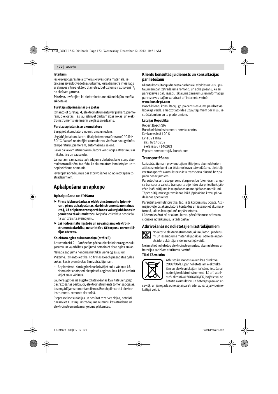 Apkalpošana un apkope | Bosch GDR 18 V-LI Professional User Manual | Page 172 / 194