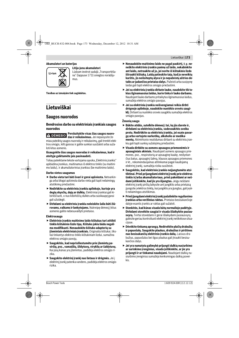 Lietuviškai, Saugos nuorodos | Bosch GDR 18 V-LI Professional User Manual | Page 173 / 194