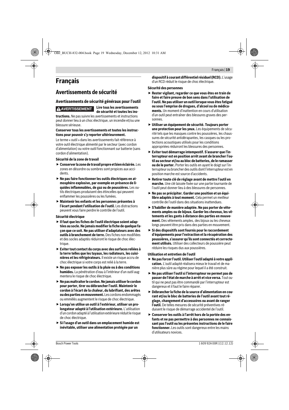 Français, Avertissements de sécurité | Bosch GDR 18 V-LI Professional User Manual | Page 19 / 194