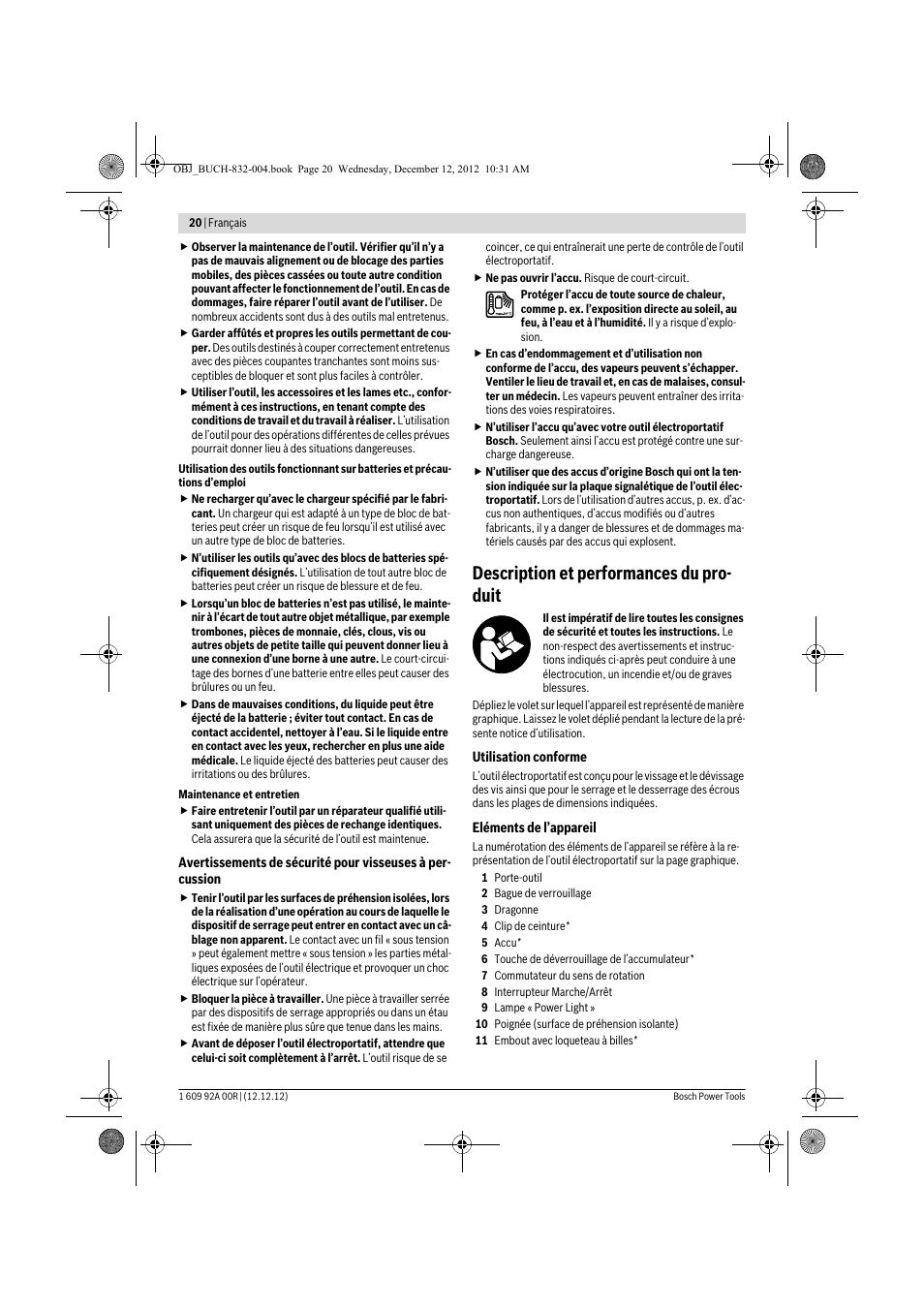 Description et performances du pro- duit | Bosch GDR 18 V-LI Professional User Manual | Page 20 / 194