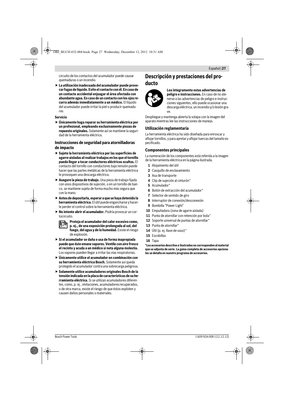 Descripción y prestaciones del pro- ducto | Bosch GDR 18 V-LI Professional User Manual | Page 27 / 194