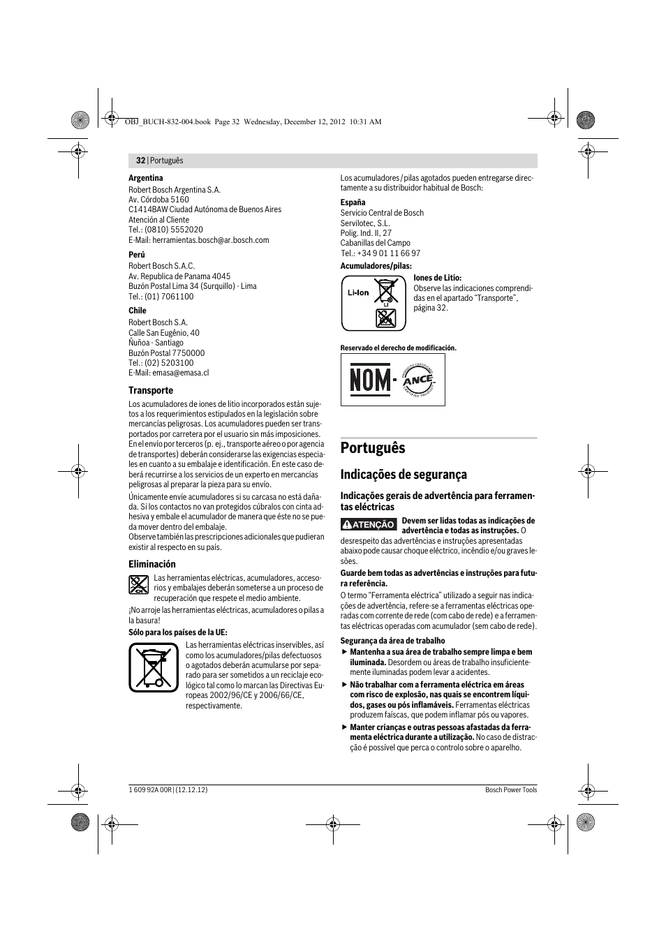 Português, Indicações de segurança | Bosch GDR 18 V-LI Professional User Manual | Page 32 / 194