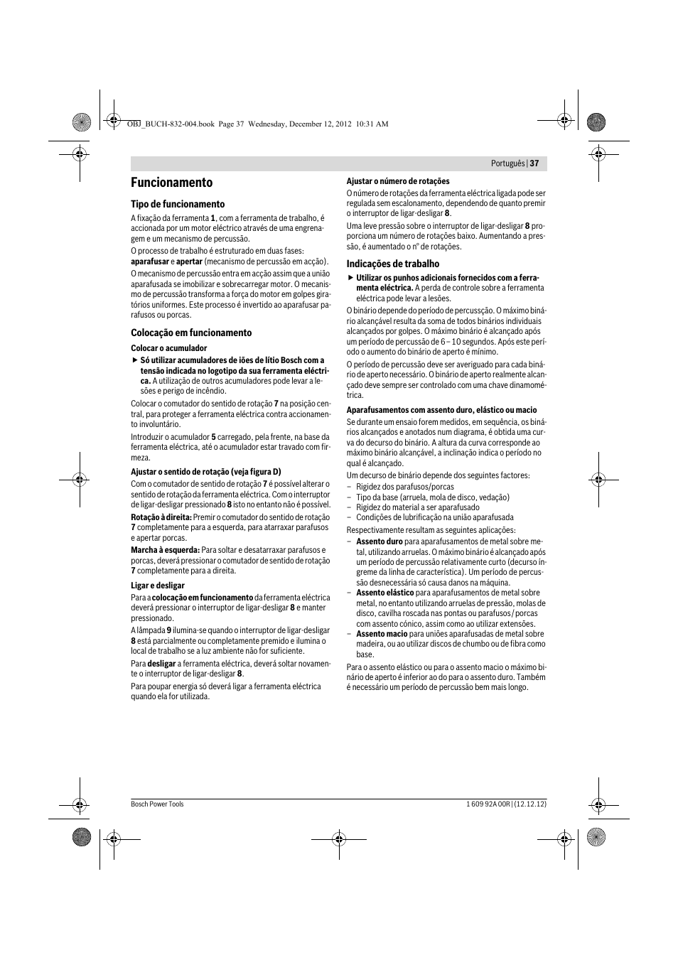 Funcionamento | Bosch GDR 18 V-LI Professional User Manual | Page 37 / 194