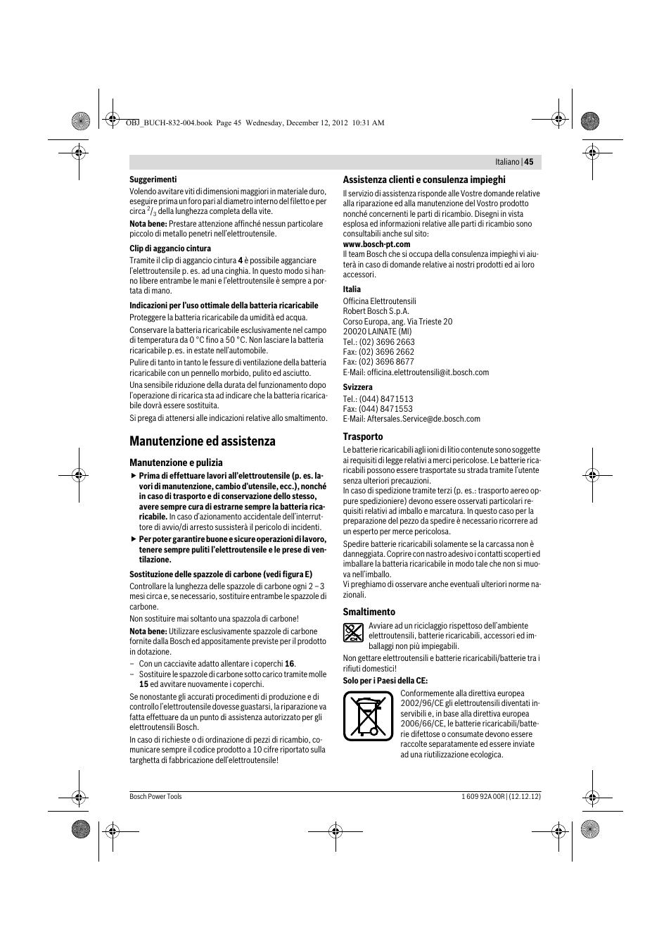 Manutenzione ed assistenza | Bosch GDR 18 V-LI Professional User Manual | Page 45 / 194