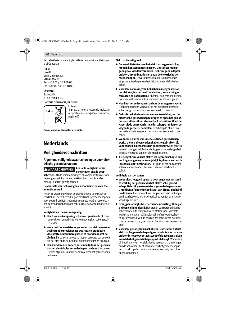 Nederlands, Veiligheidsvoorschriften | Bosch GDR 18 V-LI Professional User Manual | Page 46 / 194