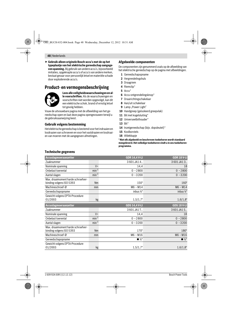 Product- en vermogensbeschrijving | Bosch GDR 18 V-LI Professional User Manual | Page 48 / 194