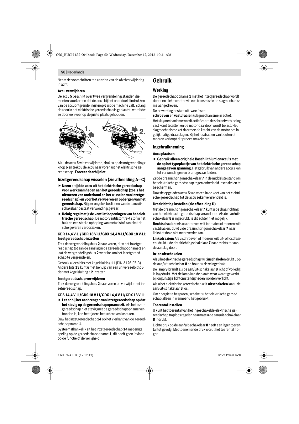 Gebruik | Bosch GDR 18 V-LI Professional User Manual | Page 50 / 194