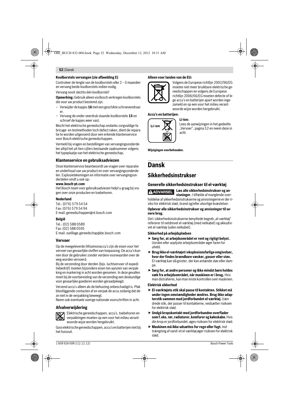 Dansk, Sikkerhedsinstrukser | Bosch GDR 18 V-LI Professional User Manual | Page 52 / 194