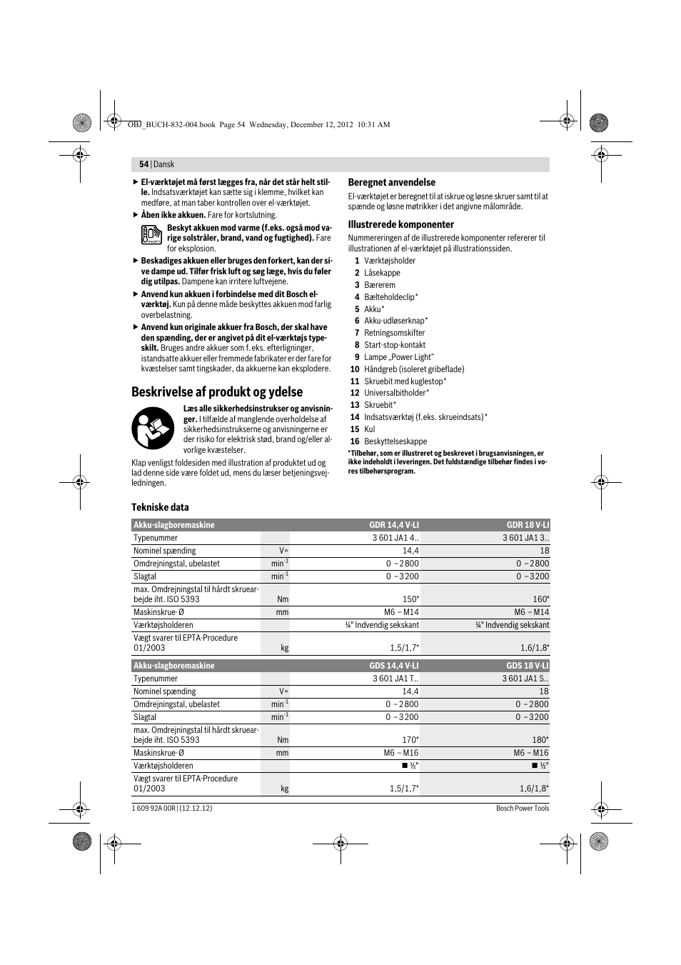 Beskrivelse af produkt og ydelse | Bosch GDR 18 V-LI Professional User Manual | Page 54 / 194