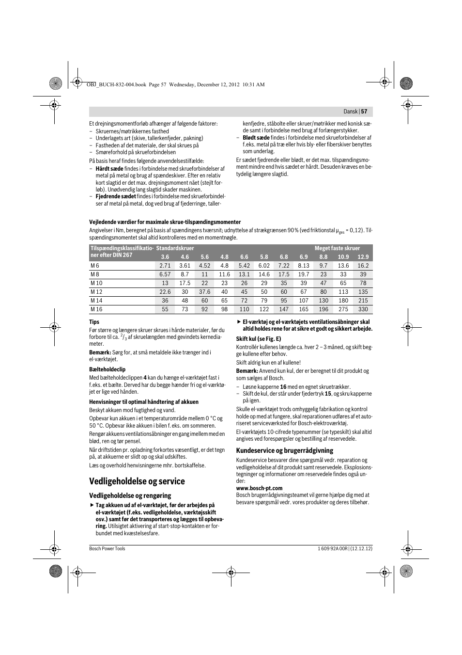 Vedligeholdelse og service | Bosch GDR 18 V-LI Professional User Manual | Page 57 / 194