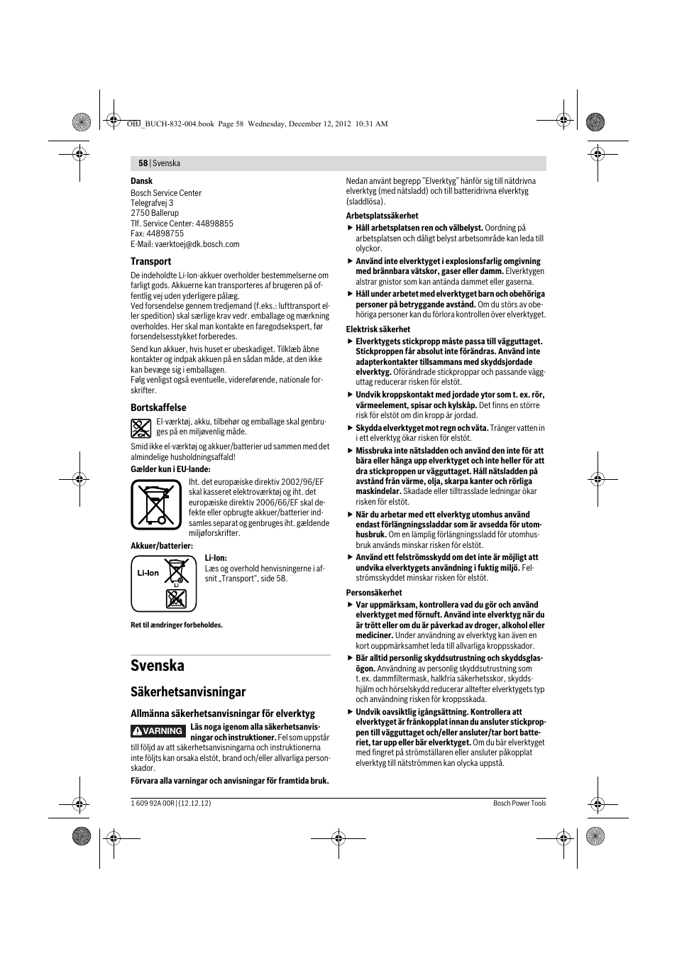 Svenska, Säkerhetsanvisningar | Bosch GDR 18 V-LI Professional User Manual | Page 58 / 194