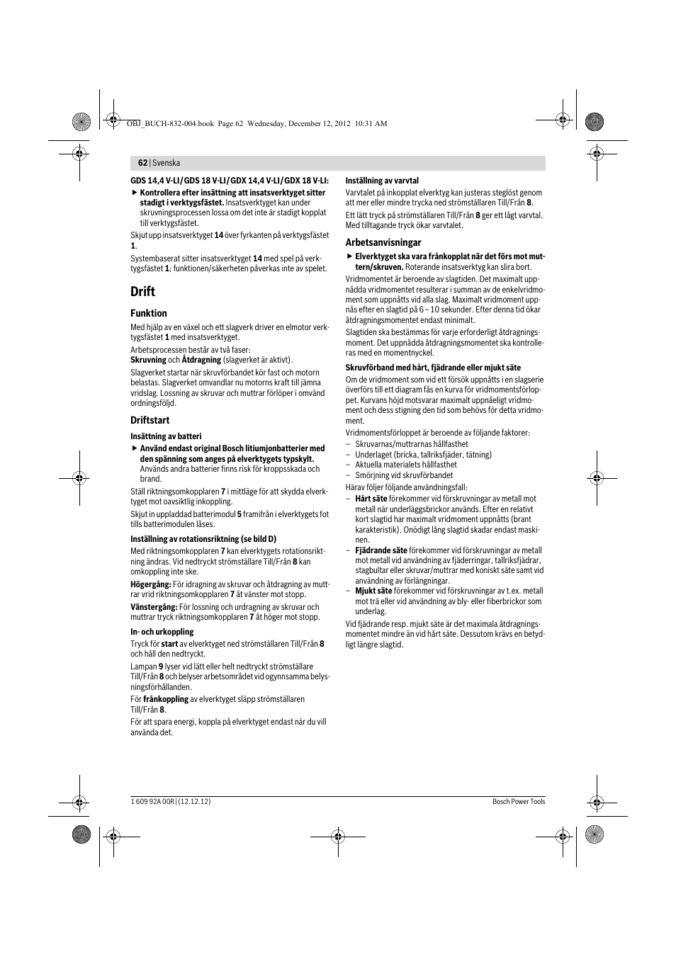 Drift | Bosch GDR 18 V-LI Professional User Manual | Page 62 / 194