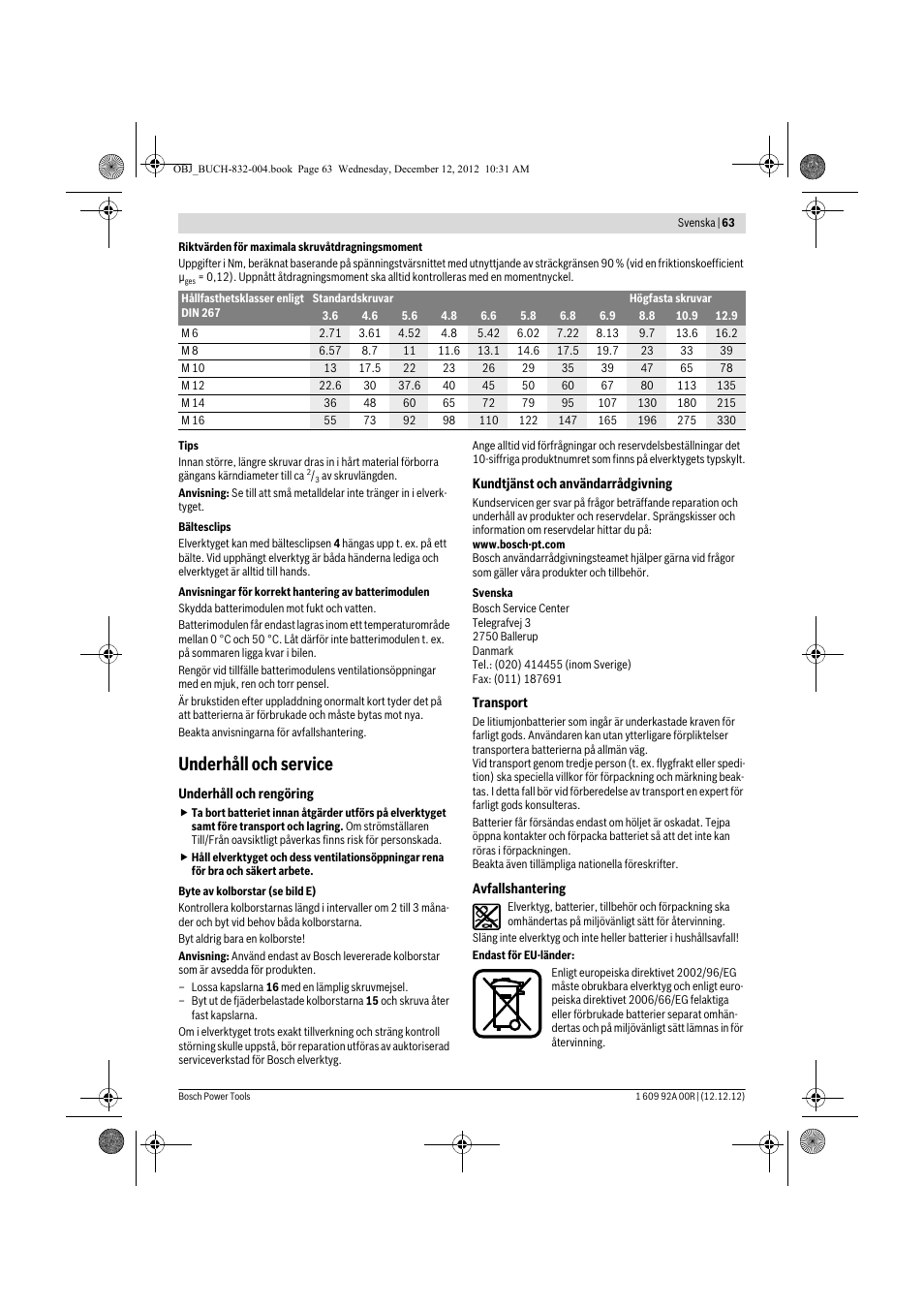 Underhåll och service | Bosch GDR 18 V-LI Professional User Manual | Page 63 / 194