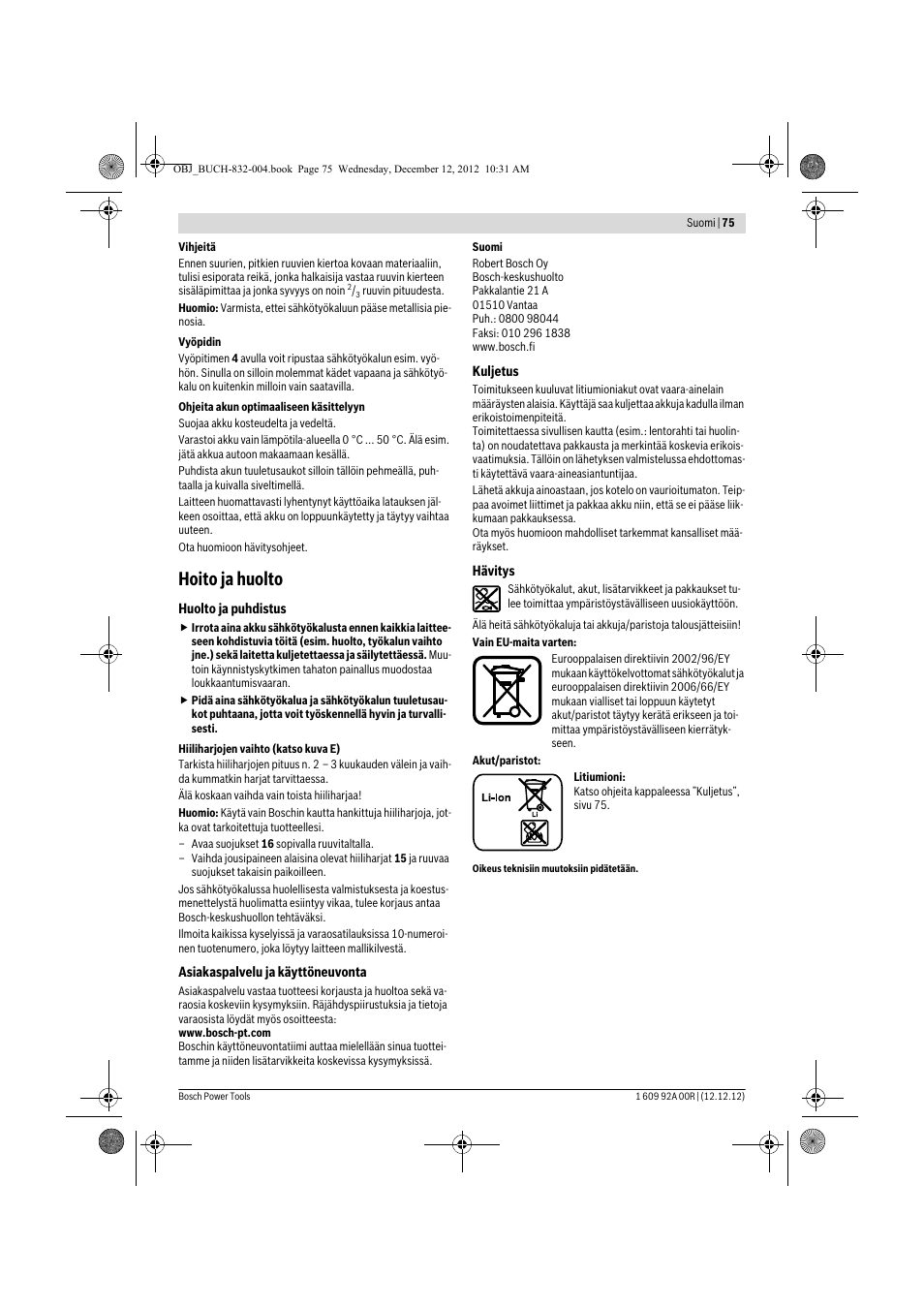 Hoito ja huolto | Bosch GDR 18 V-LI Professional User Manual | Page 75 / 194