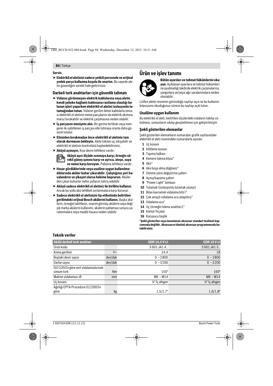 Ürün ve işlev tanımı | Bosch GDR 18 V-LI Professional User Manual | Page 84 / 194