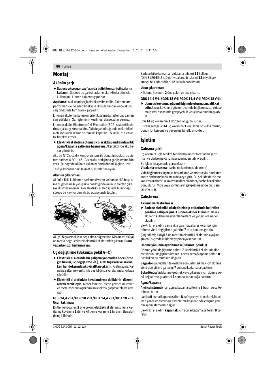 Montaj, Işletim | Bosch GDR 18 V-LI Professional User Manual | Page 86 / 194