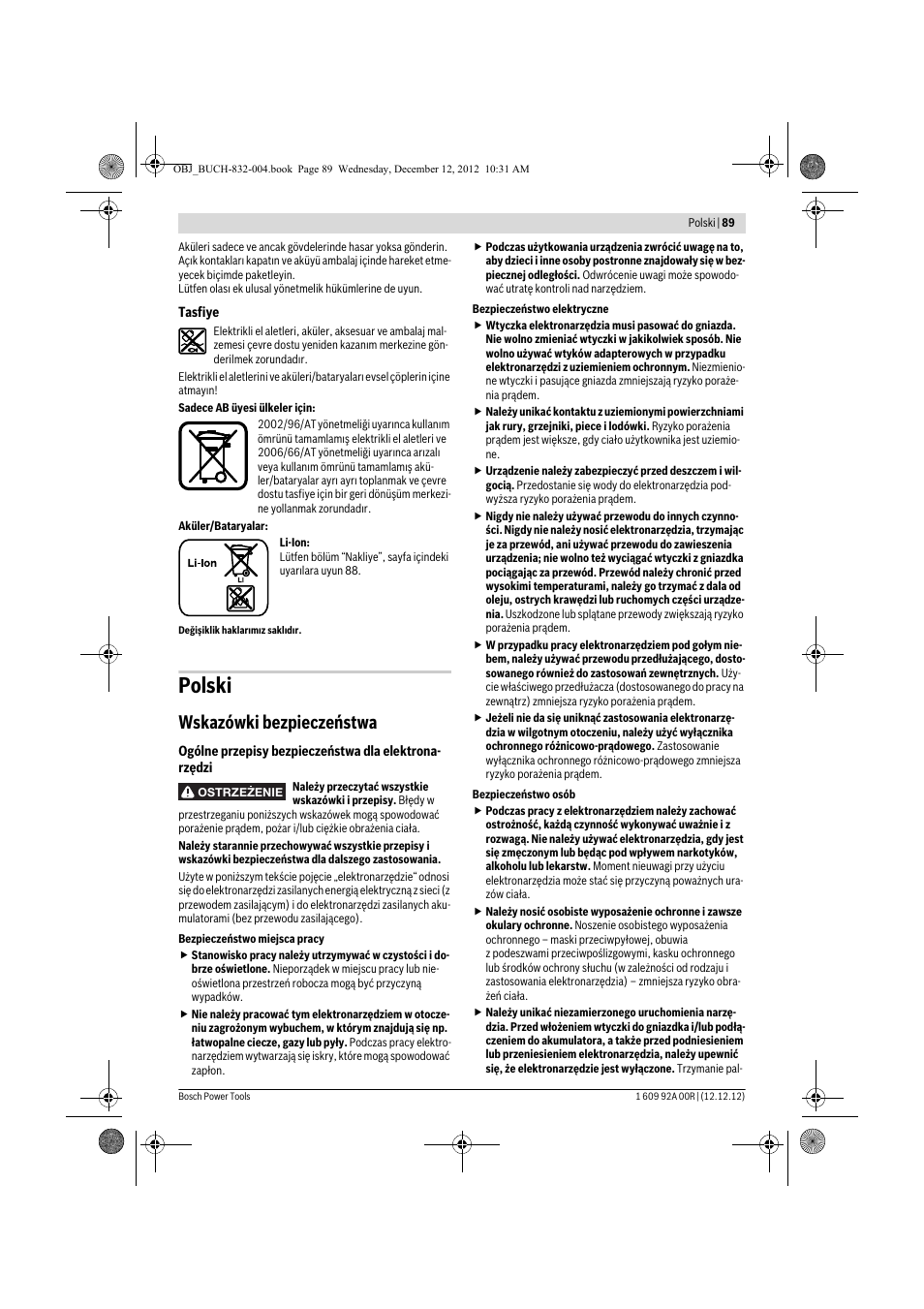 Polski, Wskazówki bezpieczeństwa | Bosch GDR 18 V-LI Professional User Manual | Page 89 / 194