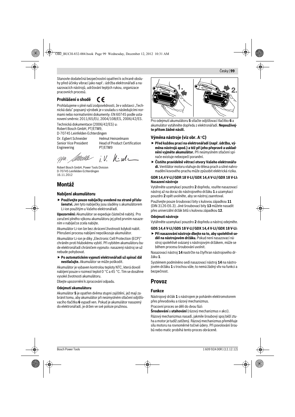 Montáž, Provoz | Bosch GDR 18 V-LI Professional User Manual | Page 99 / 194