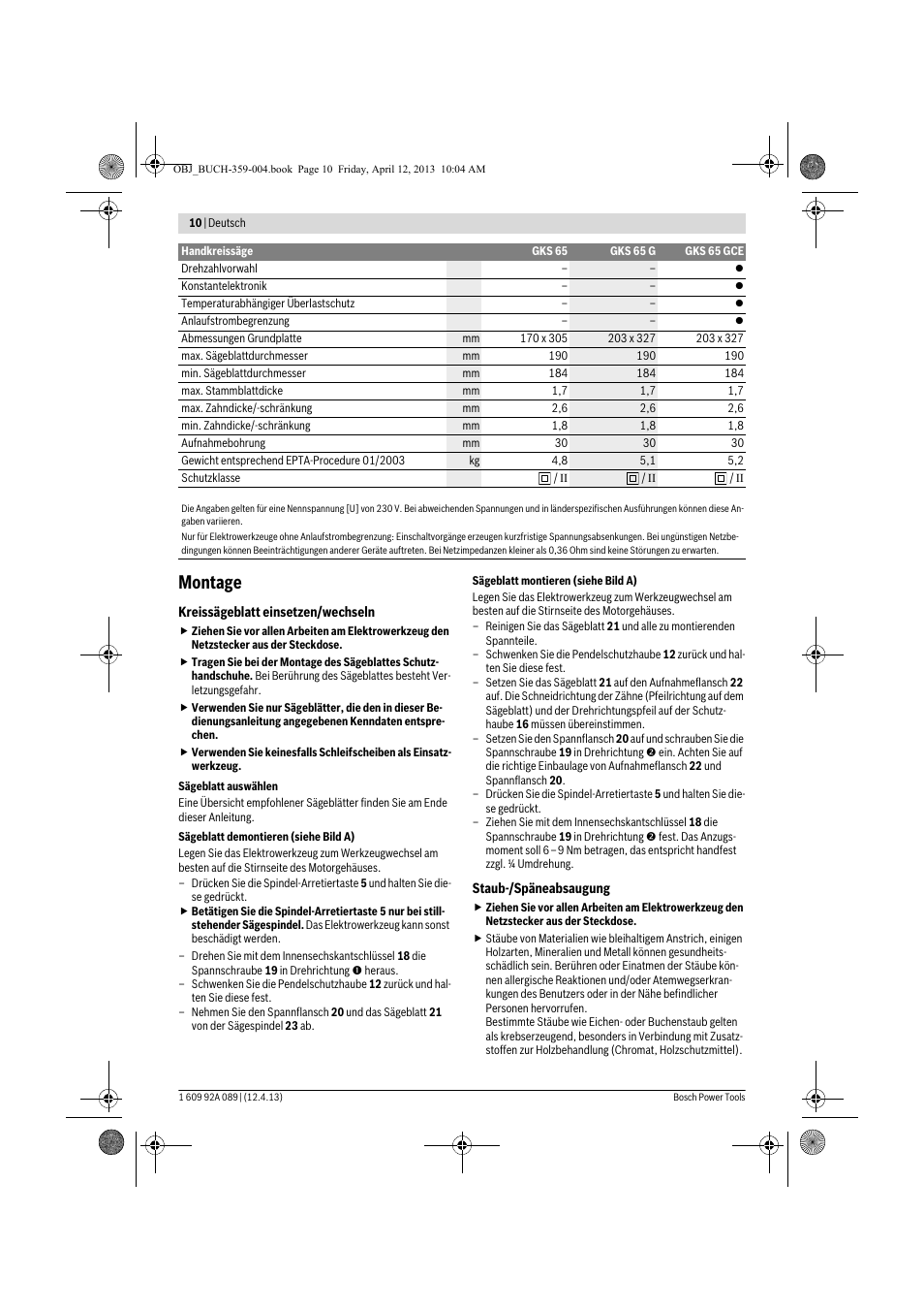 Montage | Bosch GKS 65 G Professional User Manual | Page 10 / 235