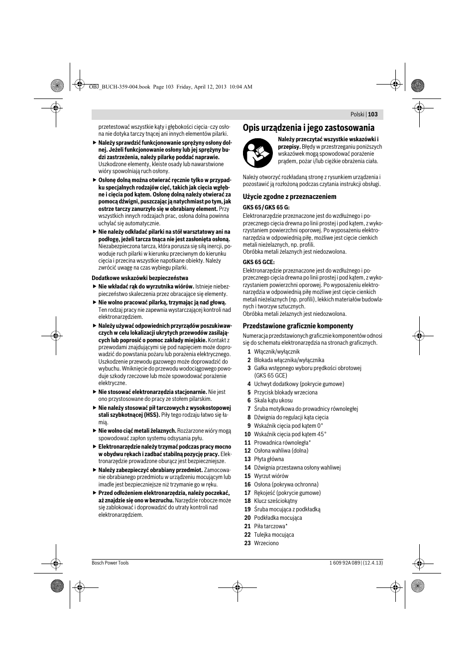 Opis urządzenia i jego zastosowania | Bosch GKS 65 G Professional User Manual | Page 103 / 235