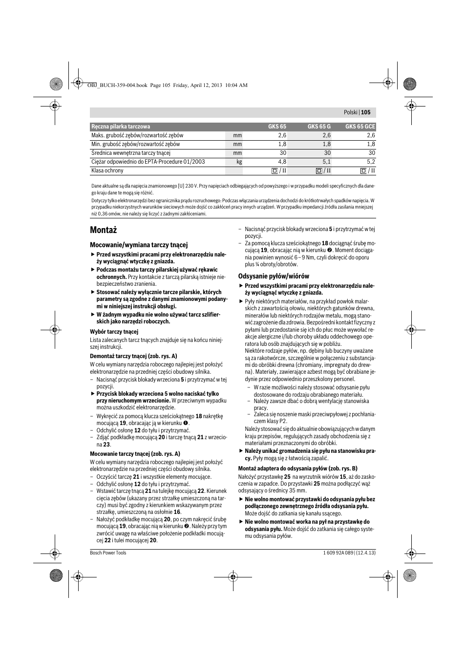 Montaż | Bosch GKS 65 G Professional User Manual | Page 105 / 235