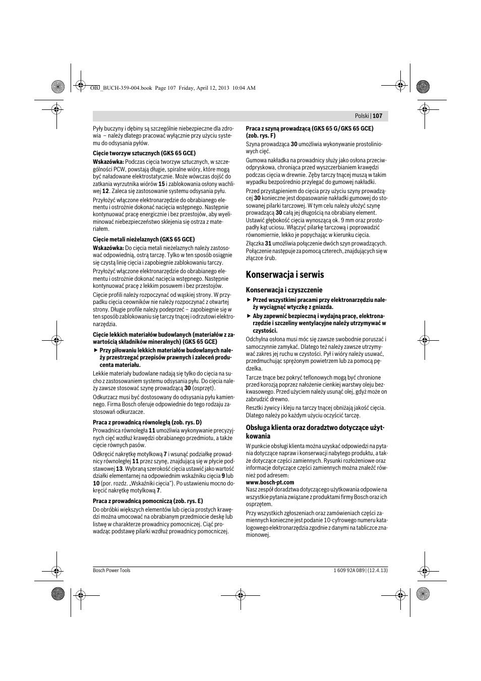 Konserwacja i serwis | Bosch GKS 65 G Professional User Manual | Page 107 / 235
