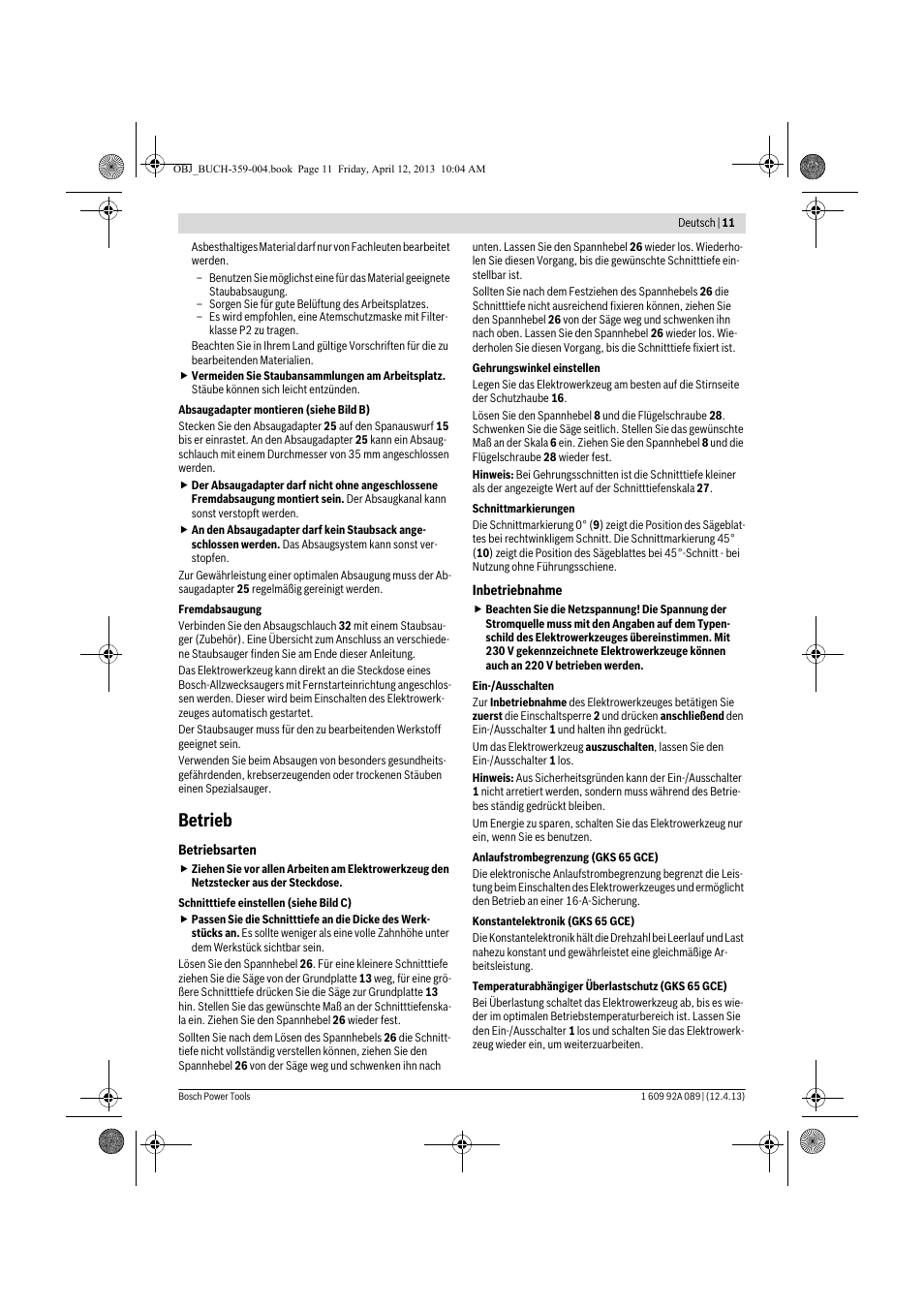 Betrieb | Bosch GKS 65 G Professional User Manual | Page 11 / 235