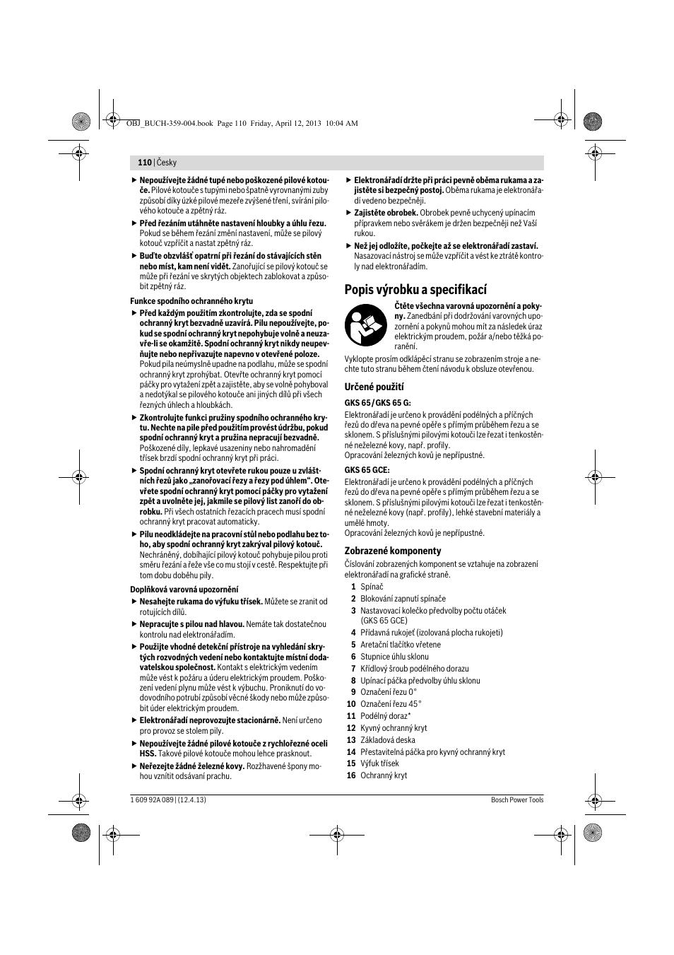 Popis výrobku a specifikací | Bosch GKS 65 G Professional User Manual | Page 110 / 235