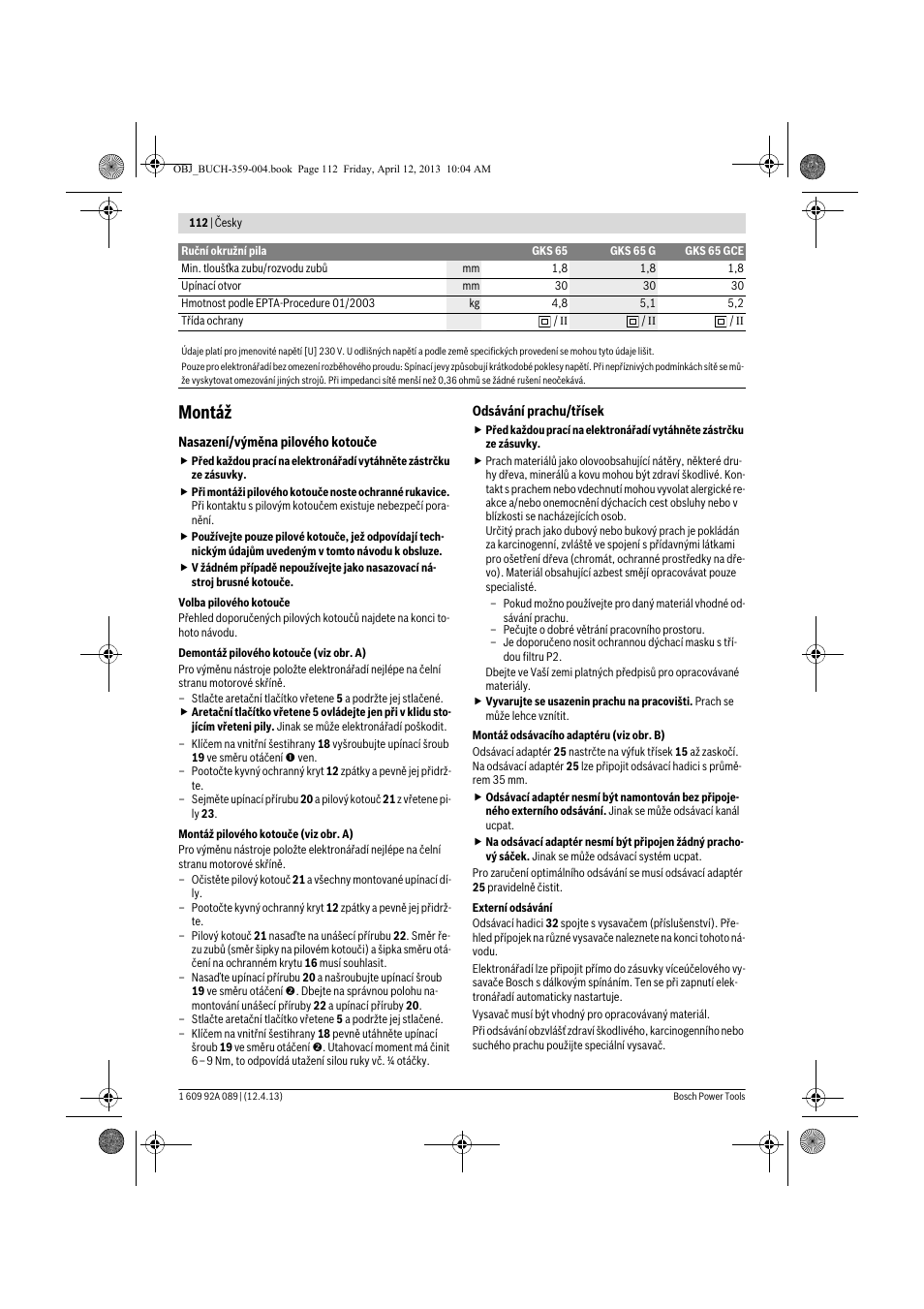 Montáž | Bosch GKS 65 G Professional User Manual | Page 112 / 235