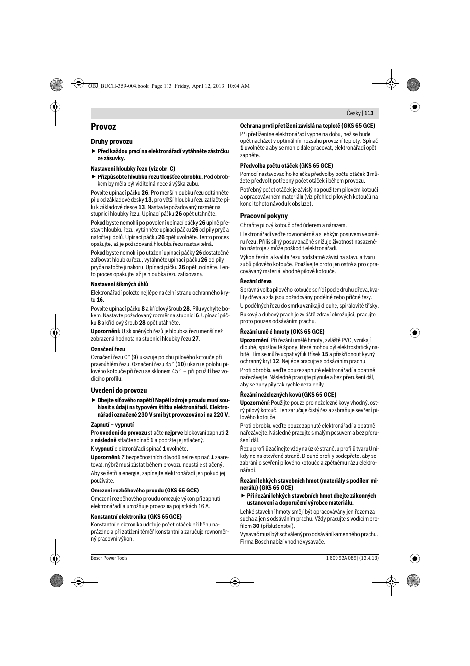 Provoz | Bosch GKS 65 G Professional User Manual | Page 113 / 235