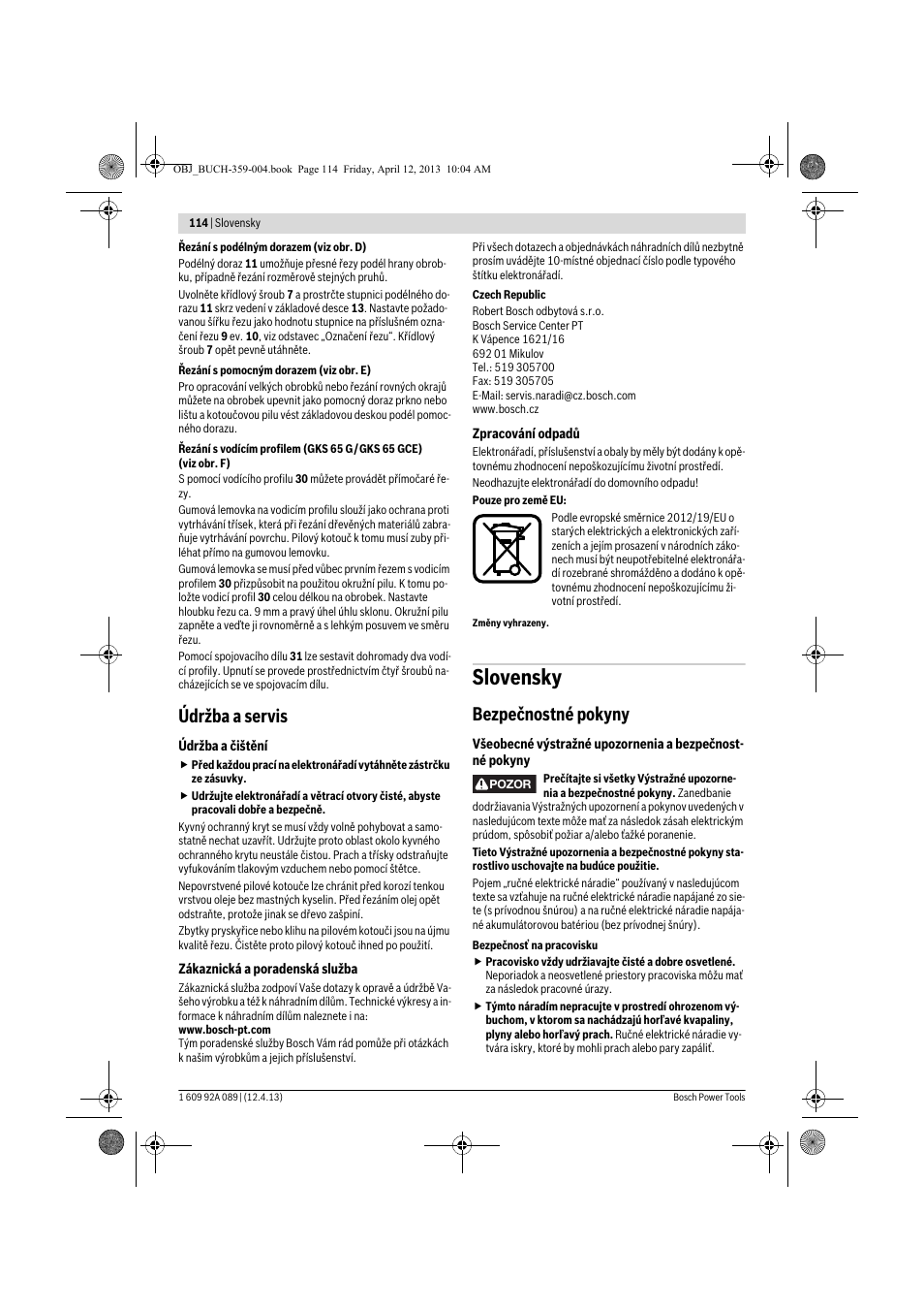 Slovensky, Údržba a servis, Bezpečnostné pokyny | Bosch GKS 65 G Professional User Manual | Page 114 / 235