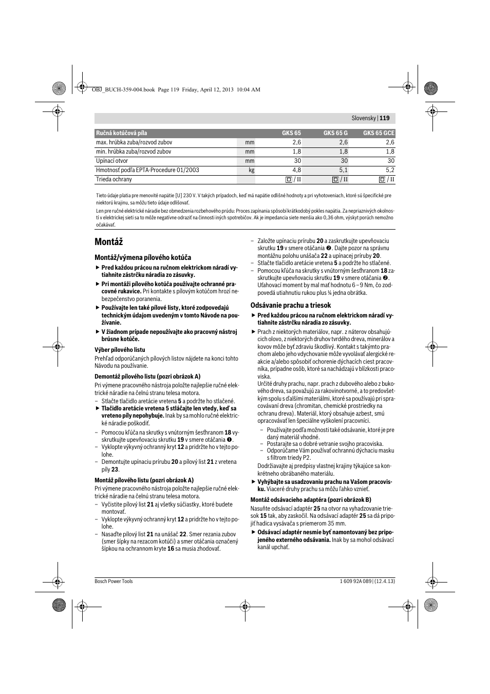 Montáž | Bosch GKS 65 G Professional User Manual | Page 119 / 235