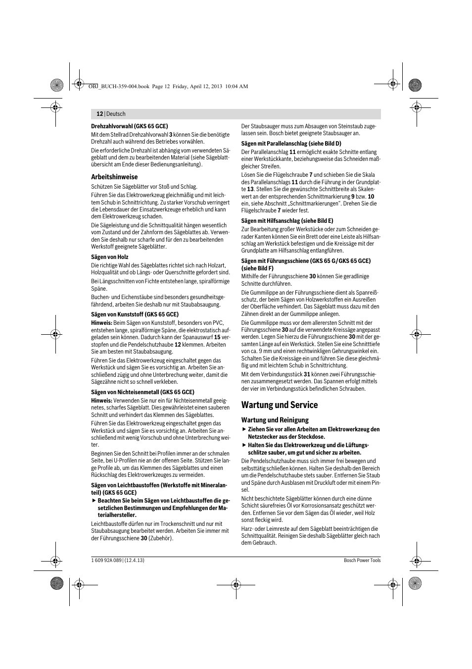 Wartung und service | Bosch GKS 65 G Professional User Manual | Page 12 / 235
