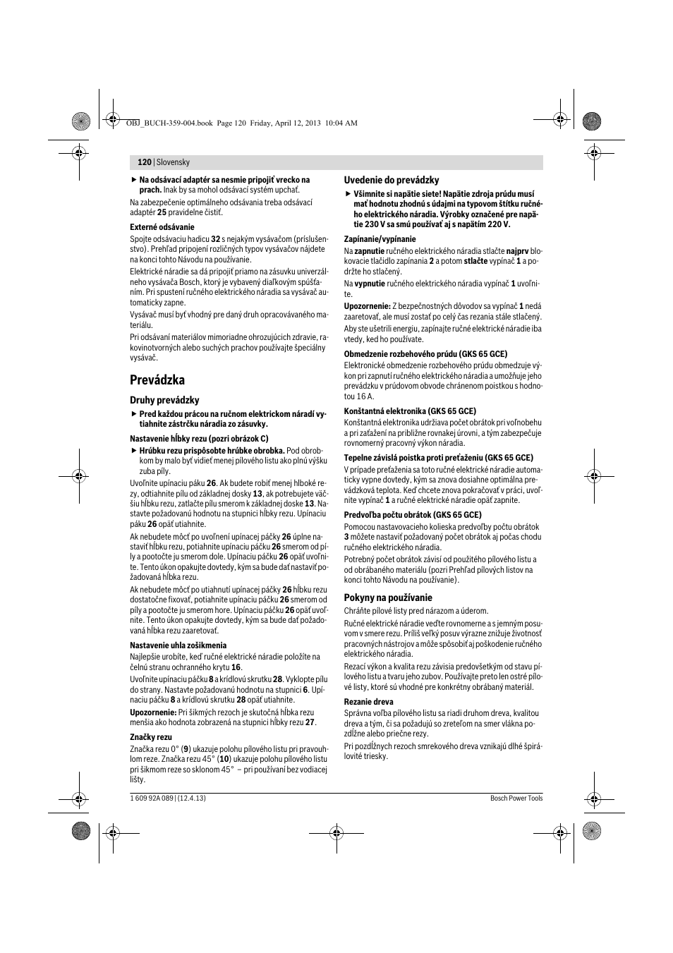 Prevádzka | Bosch GKS 65 G Professional User Manual | Page 120 / 235