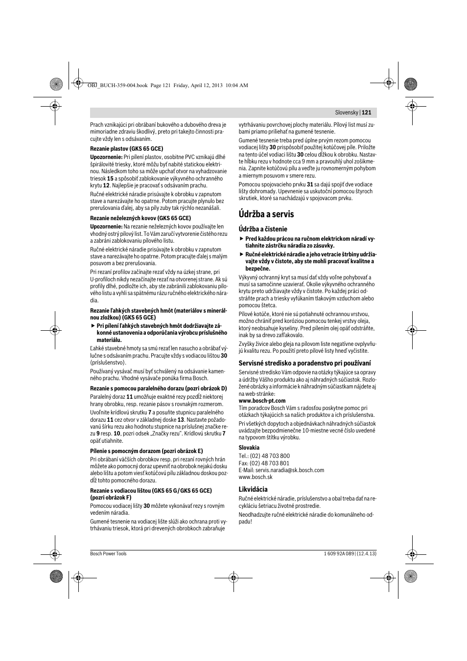 Údržba a servis | Bosch GKS 65 G Professional User Manual | Page 121 / 235