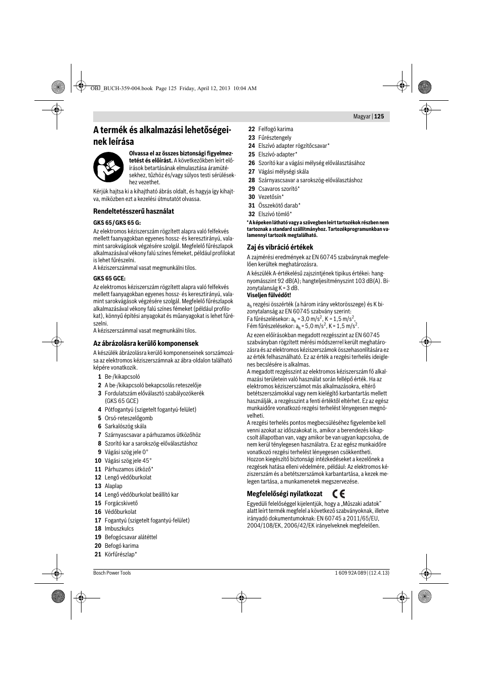 A termék és alkalmazási lehetőségei- nek leírása | Bosch GKS 65 G Professional User Manual | Page 125 / 235