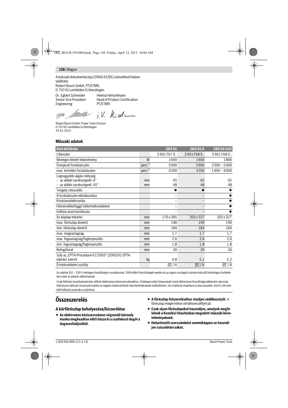 Összeszerelés | Bosch GKS 65 G Professional User Manual | Page 126 / 235