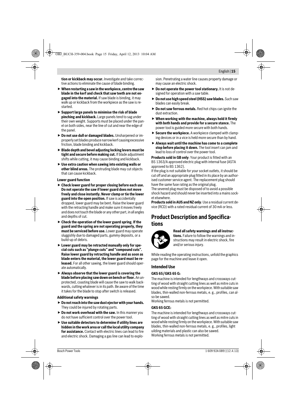 Product description and specifica- tions | Bosch GKS 65 G Professional User Manual | Page 15 / 235