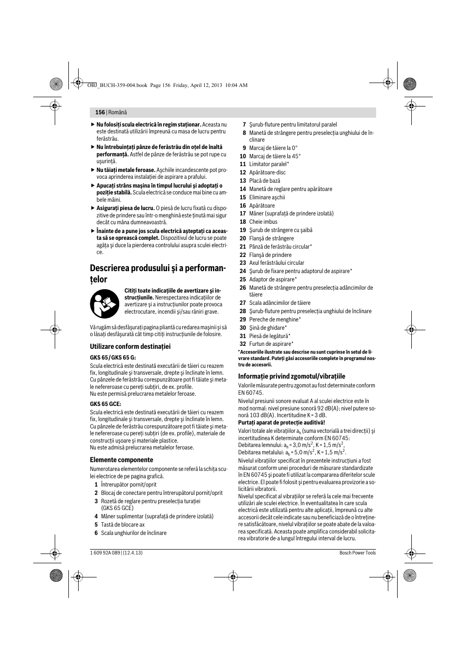 Descrierea produsului şi a performan- ţelor | Bosch GKS 65 G Professional User Manual | Page 156 / 235