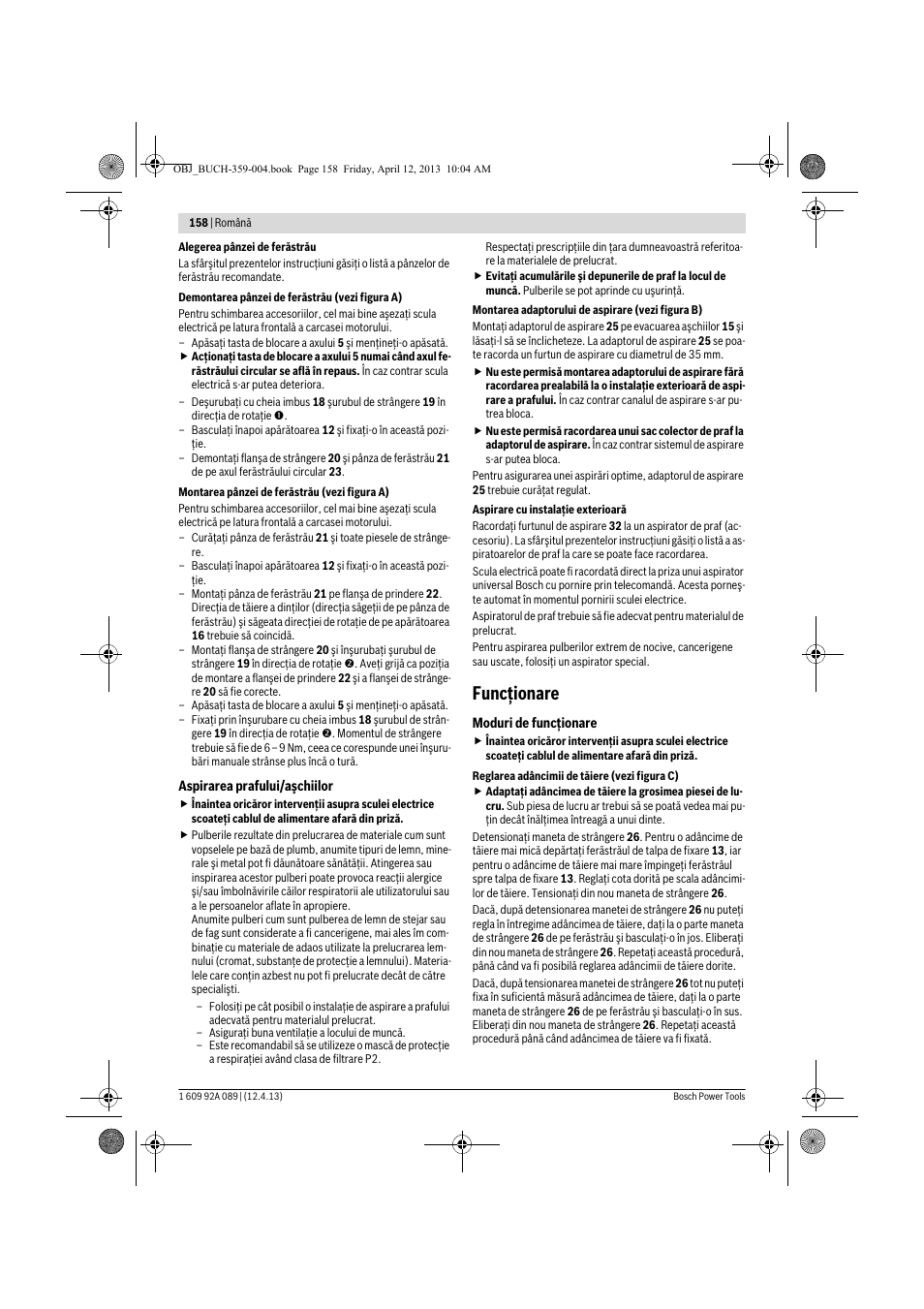 Funcţionare | Bosch GKS 65 G Professional User Manual | Page 158 / 235