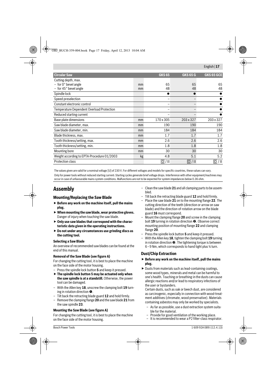 Assembly | Bosch GKS 65 G Professional User Manual | Page 17 / 235