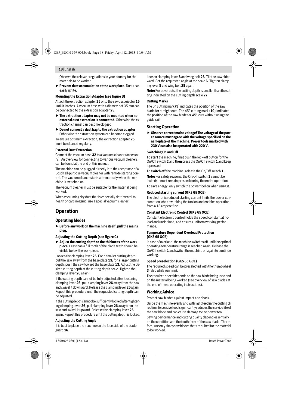 Operation | Bosch GKS 65 G Professional User Manual | Page 18 / 235