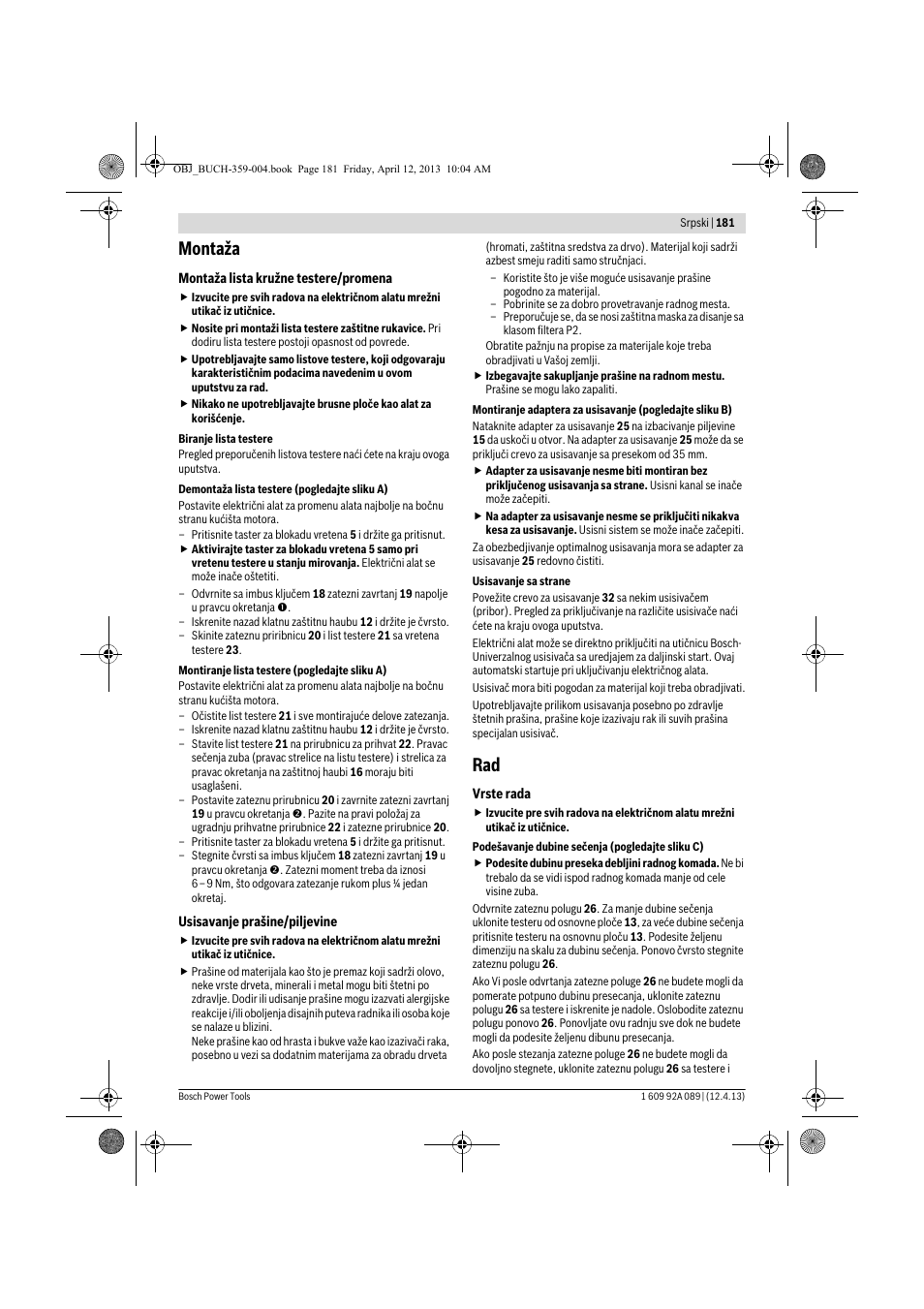 Montaža | Bosch GKS 65 G Professional User Manual | Page 181 / 235