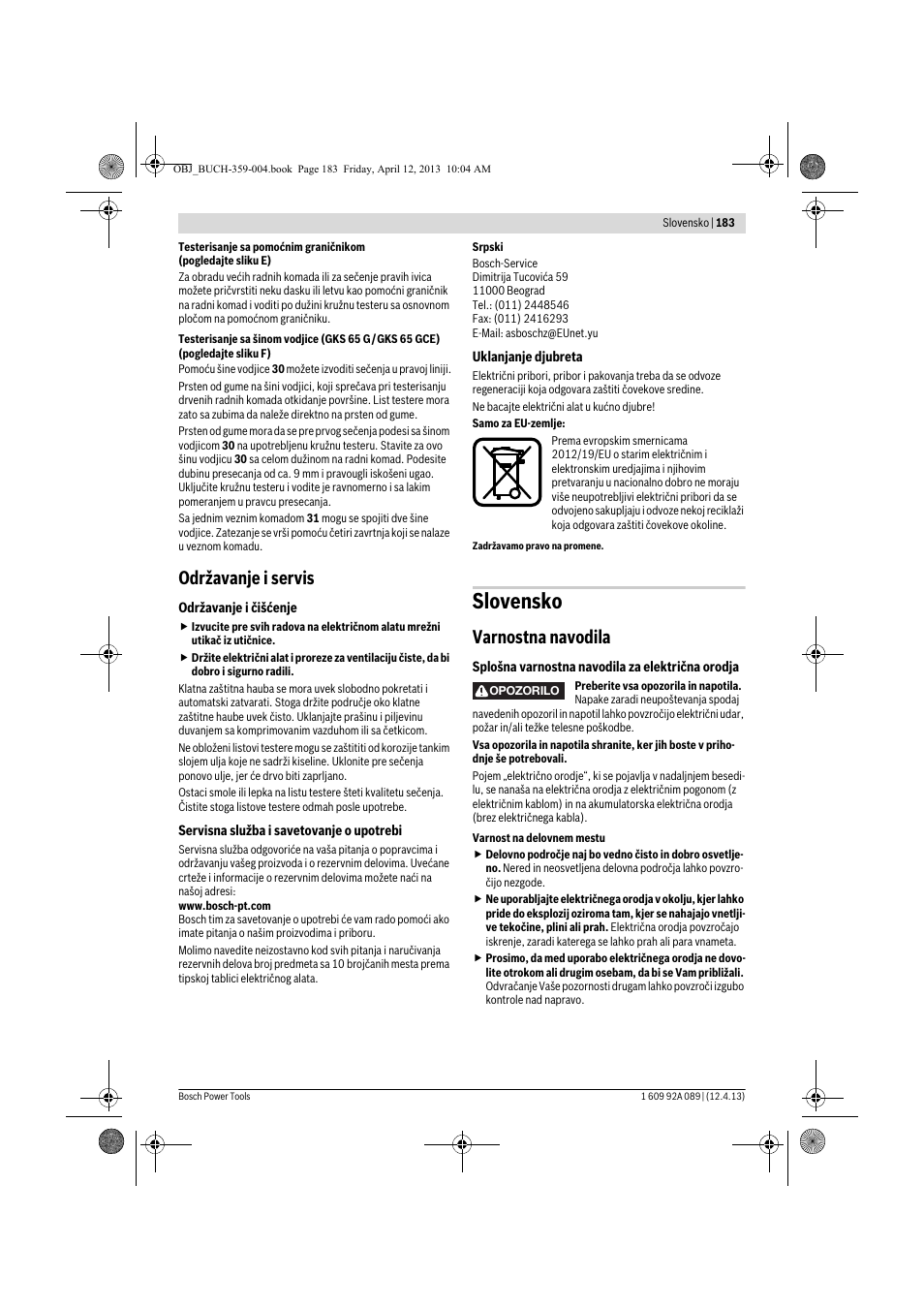 Slovensko, Održavanje i servis, Varnostna navodila | Bosch GKS 65 G Professional User Manual | Page 183 / 235