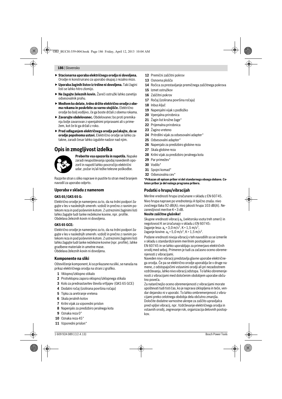 Opis in zmogljivost izdelka | Bosch GKS 65 G Professional User Manual | Page 186 / 235