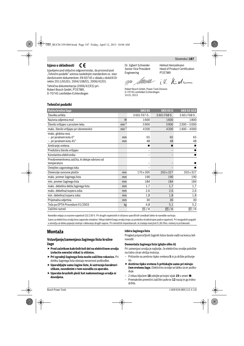 Montaža | Bosch GKS 65 G Professional User Manual | Page 187 / 235