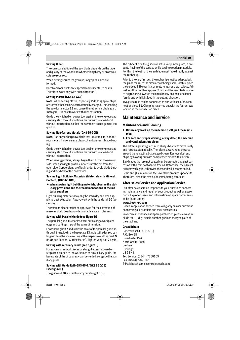 Maintenance and service | Bosch GKS 65 G Professional User Manual | Page 19 / 235